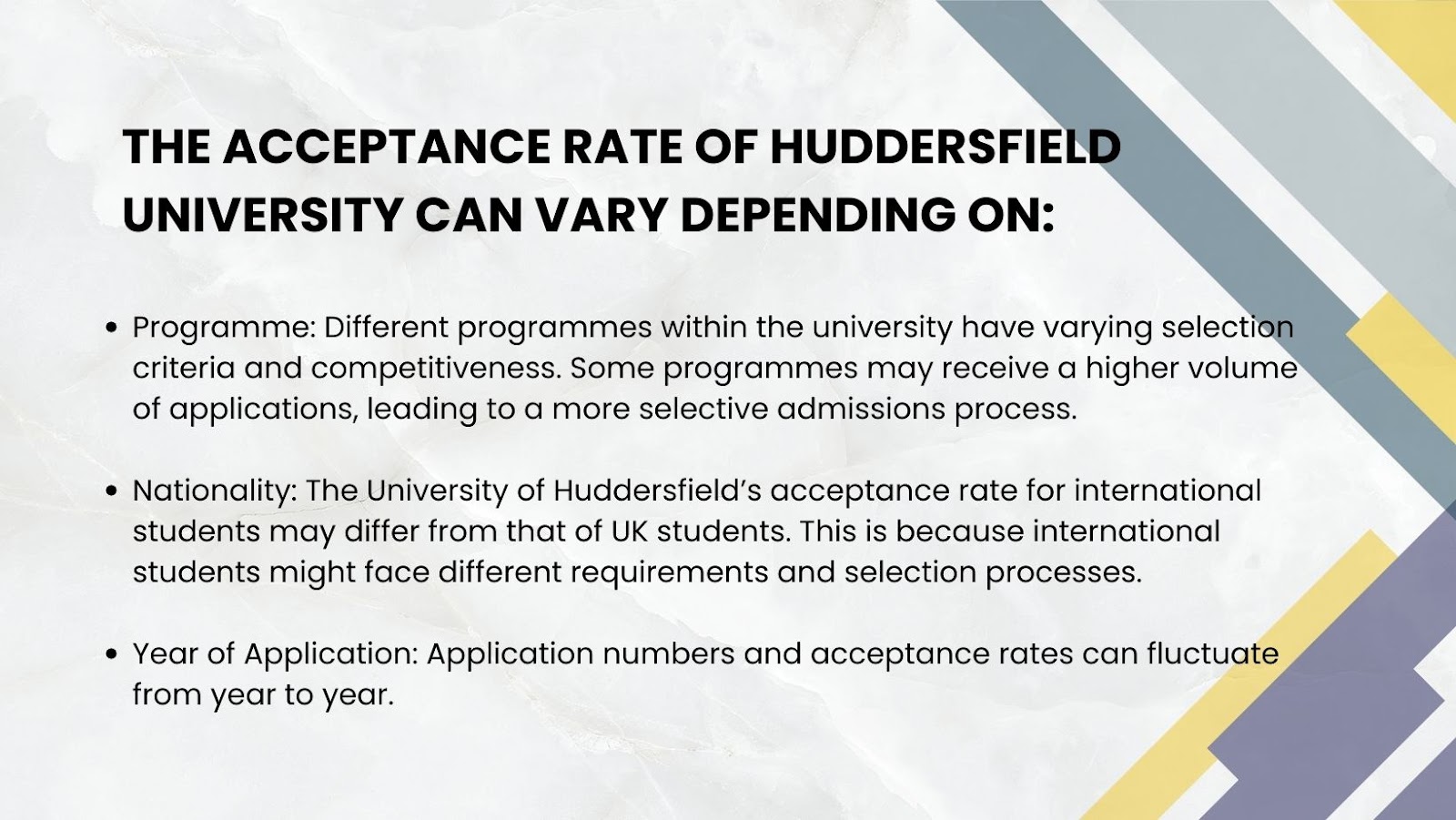 The University of Huddersfield acceptance rate can depend on these factors.