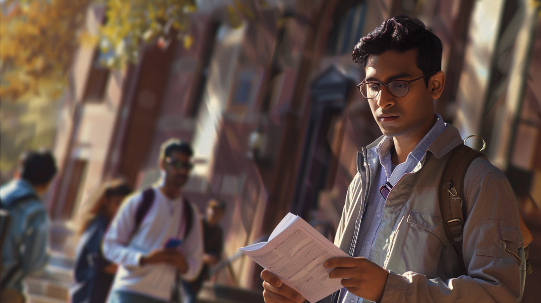 Student at the university campus holding the admission papers