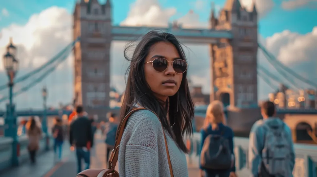 A girl standing in front of the tower bridge in london