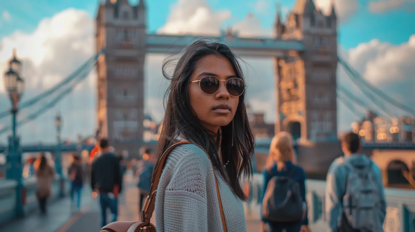 A girl standing in front of the tower bridge in london