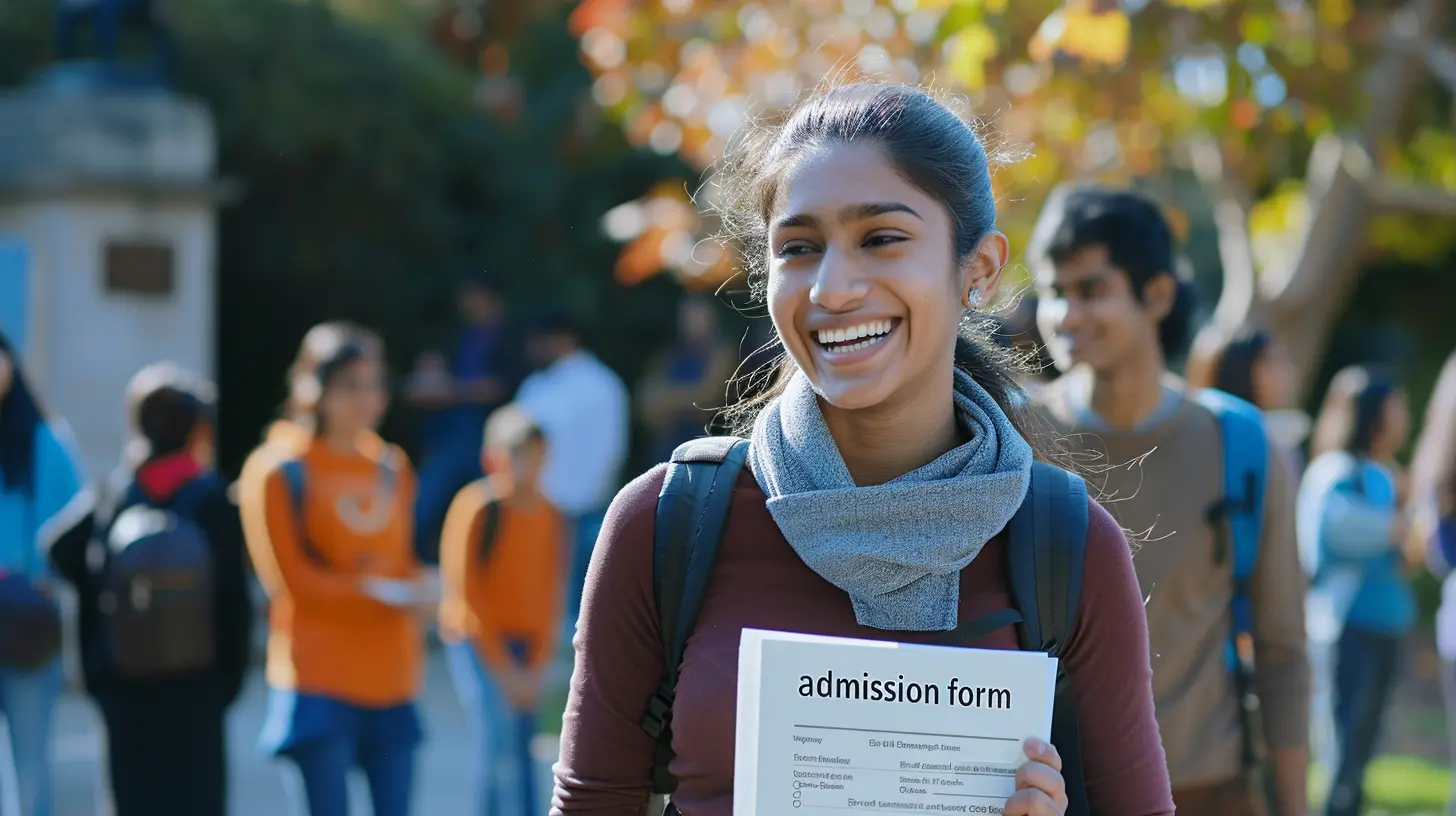 indian student standing outside the university with a application form in hand